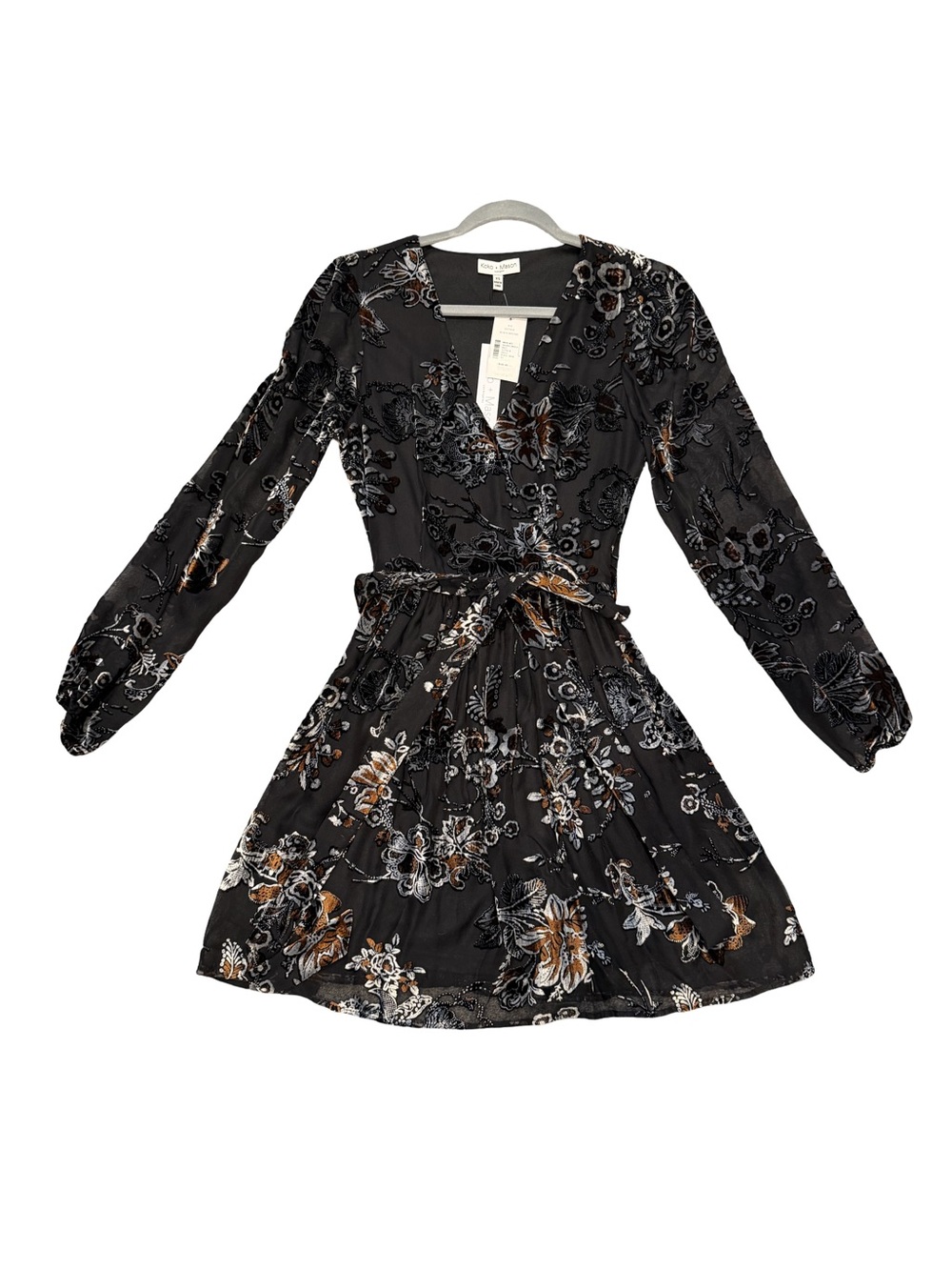 Koko+Mason Floral Tie-Waist Black V-Neck Long-Sleeve Dress